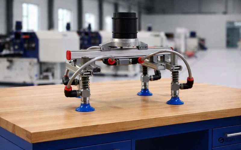 Ein Greifersystem für eine präzise Handhabung und sichere Automatisierung im Spritzguss auf einer Werkbank in einer Industriehalle. Bild ist KI generiert