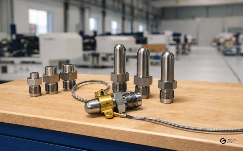 Produkte wie Maschinendüsen und Rückstromsperren und Zylinderdeckel und Düsenheizbänder für industrielle Spritzgussmaschinen auf einer Werkbank in einer Industriehalle. Bild ist KI generiert
