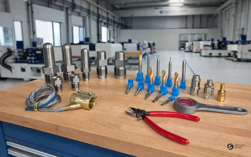 Produkte wie Bohrer und CNC-Fräser und Greifersysteme und Spanntechnik für Spritzgussmaschinen und die Thermoformung in auf einer Werkbank in einer Industriehalle. Bild ist KI generiert