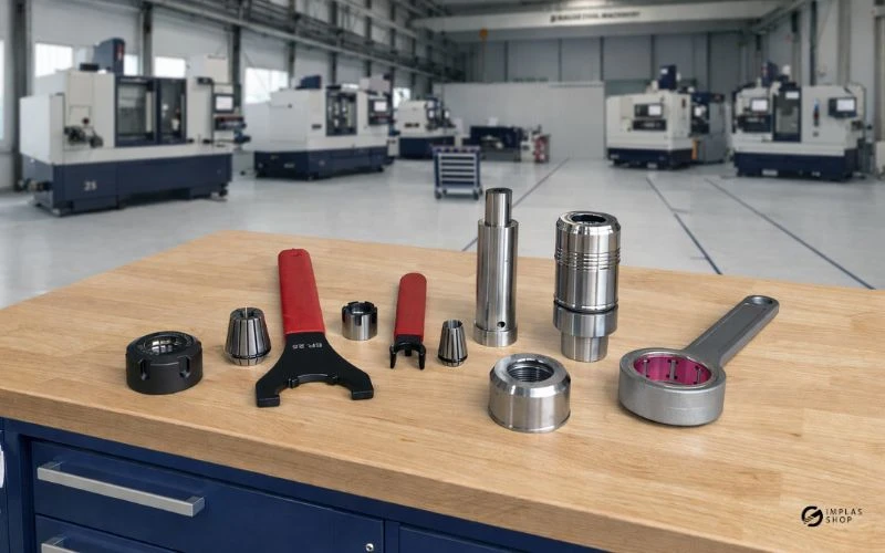 Produkte der Spanntechnik wie Spannhülsen und Spannfutter als ein zentraler Bestandteil der modernen CNC-Fertigung auf einer Werkbank in einer Industriehalle. Bild ist KI generiert