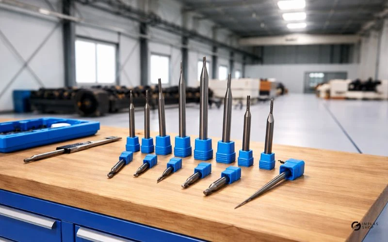 Diverse CNC Fräser als zentrales Werkzeug für die präzise Bearbeitung in der industriellen Fertigung auf einer Werkbank in einer Industriehalle. Bild ist KI-generiert